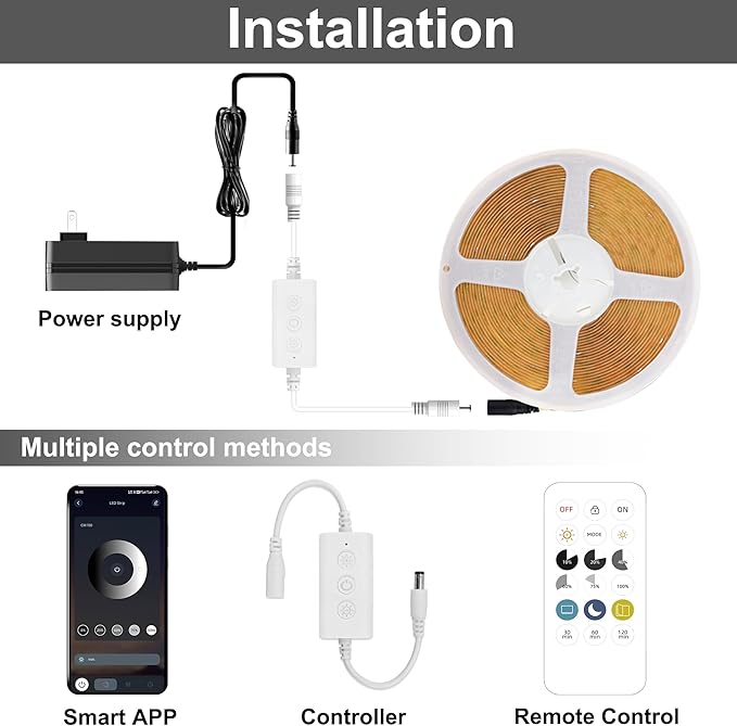 COB LED Strip Light 2700K, 24ft Dimmable Warm White LED Strip Light, CRI92+, DC24V Tape Light with RF Remote Timer Function, Bluetooth App Control for Home Bedroom Kitchen DIY Lighting.