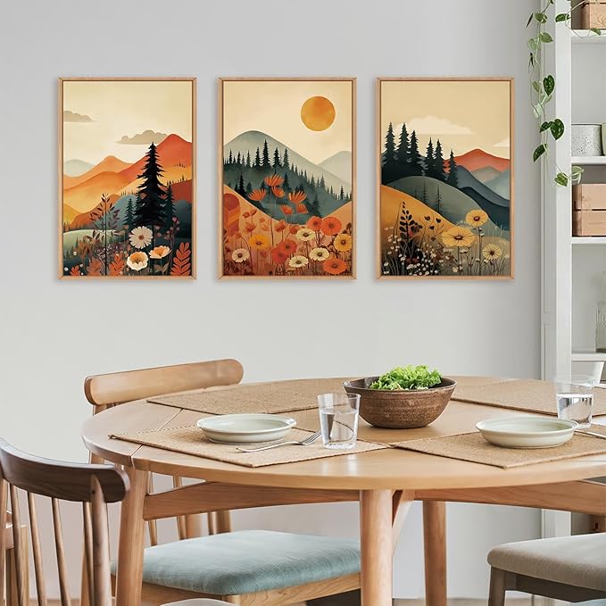 LHIUEM Large Boho Mountain Sunset Framed Canvas Wall Art Set, Pine Tree Flowers Wall Decor, Nature Landscape Forest Artwork for Living Room,Bedroom,Dining Room,Office -16"x24"x3