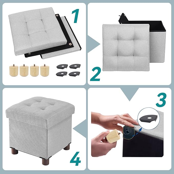 BRIAN & DANY Small Ottoman with Storage, Small Storage Ottoman, Folding Foot Stool with Wood Legs for Living Room and Bedroom Linen Rest Seat, 12.6"x12.6"x12.8" - Light Gray