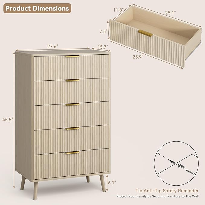CARPETNAL Fluted 5 Drawers Dresser for Bedroom, 45" Tall Wooden Chest of Drawers with Rounded Corners, Gold Handles, Modern Storage Organizer for Bedroom, Hallway (Beige)