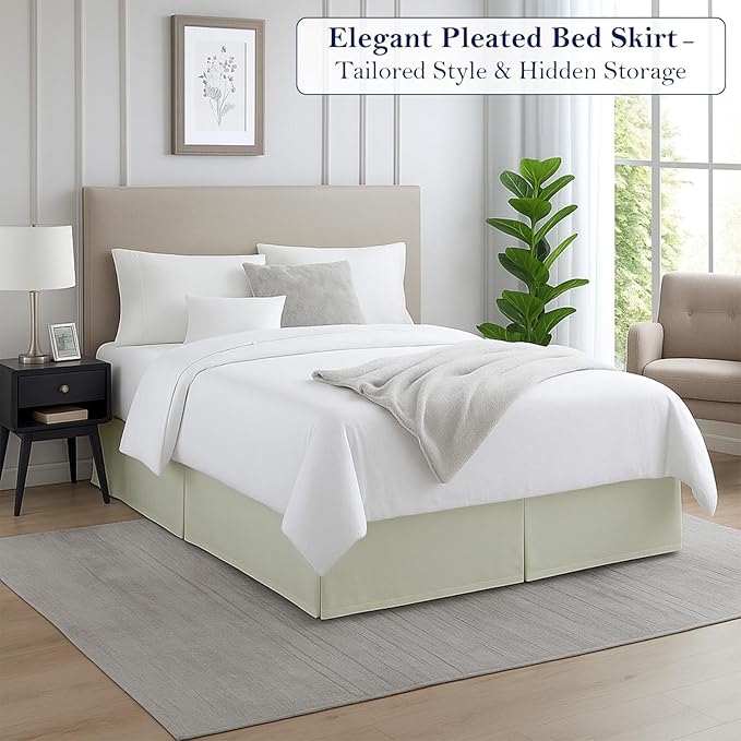 Twin Bed Skirt, Luxury 15 Inch Drop Ivory Pleated Bed Skirt, Double Brushed Microfiber, Box Pleat Design, Wrinkle & Fade Resistant, Easy Fit Tailored Bedskirt for Twin Size Beds