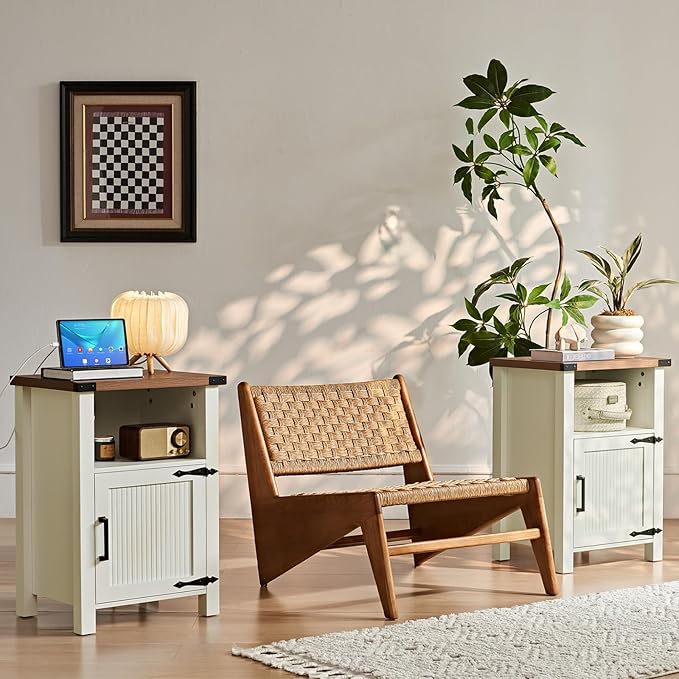 Joaxswe Nightstand with Charger Station and USB Port, 18 Inch Farmhouse Night Stand with Storage Shelf, Modern Couch Side Table with Magnetic Door, Bedside Tables for Bedroom, Home, Antique White