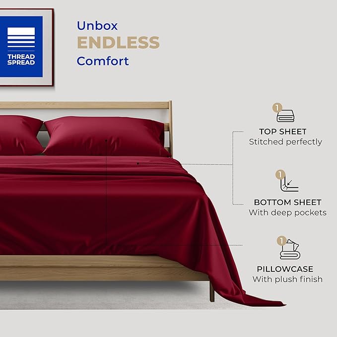 THREAD SPREAD 100% Cotton Twin Sheet Set - 400 Thread Count Twin Cotton Sheets Sets, 3 PC Twin Sheets, Cooling & Luxury Sateen Sheets for Dorm Rooms & Adults, Deep Pocket Cotton Sheets (Burgundy)