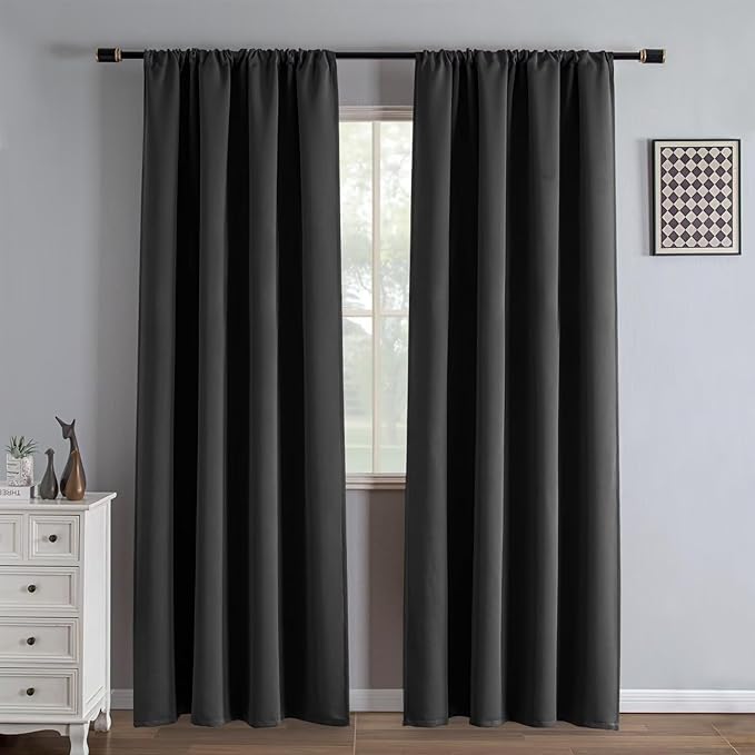 Blackout Curtains 84 Inch Length 2 Panels Set, Black Out Curtains for Bedroom 84 Inch Long, Rod Pocket Energy Saving Room Darkening Drapes for Living Room Window Dark Grey(W52 x L84)