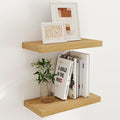 Floating Shelves 16 Inch Long, Wall-Mounted Bathroom Shelves Set of 2, 9.3 Inch Deep Shelf for Home Storage & Display, Wooden Deep Wall Shelves for Bedroom, Living Room, Kitchen, Oak Color
