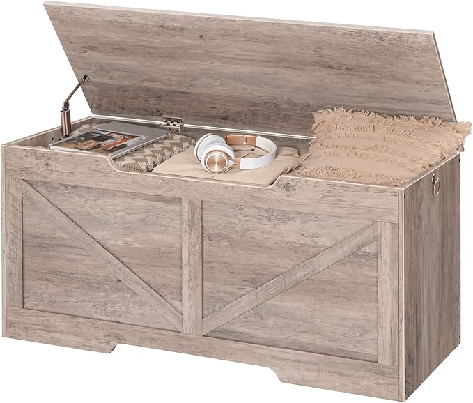 HOOBRO Storage Bench, 43.3” Retro Wooden Storage Chest with U-Shaped Cut-Out Pull, Safety Hinge, Supports 220 lb and Easy Assembly for Toy Box Organizer (Greige) BG772CW01