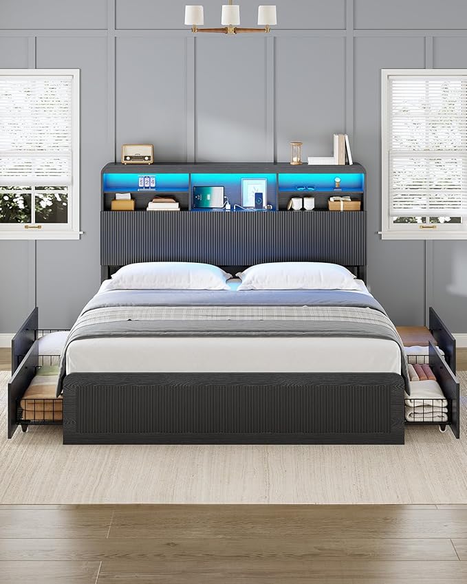 AOGLLATI Full Size Bed Frame with 4 Storage Drawers and Hidden Storage Headboard, Black Led Fluted Bed Frame Full Size with Charging Station and Curved Profile Design,No Box Spring Needed, Black