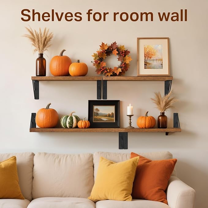 BAYKA Floating Shelves for Wall, Book Shelf for Bedroom, Decor Shelves for Living Room Kitchen, Mounted Wood Floating Shelf for Home Decor, Corner Shelf for Bathroom, Office(Dark Brown,Set of 4)