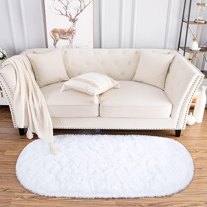 Noahas Fluffy White Rugs for Bedroom Living Room,2'X5' Oval Throw Rug for Kids Room,Shag Hallway Runner Rug,Small Soft Shaggy Bedside Non-Slip Plush Nursery Dorm Carpet Home Decor Aesthetic