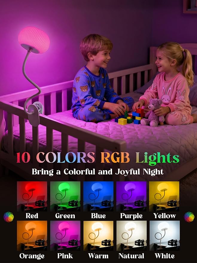 Clip on Light,10 Colors RGB & Warm White Cute Desk Lamp with Clamp, 10 Brightness Dimmable Night Light for Kids/Toddler/Baby, USB Adapter Clip on Lamp for Bedroom/Bed/Headboard/Bedside/Nursery