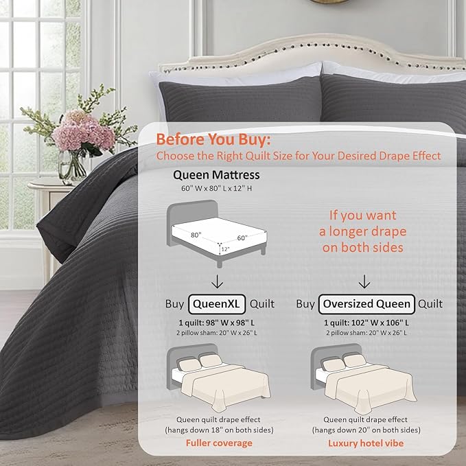 KASENTEX Queen XL Quilt Set 98"x98" – Soft Washed 3-Layer Lightweight Bedspread, Minimalist Nordic Design, All-Season Spring & Summer Quilt Set (1 Quilt + 2 Pillow Shams),Tornado Dark Grey