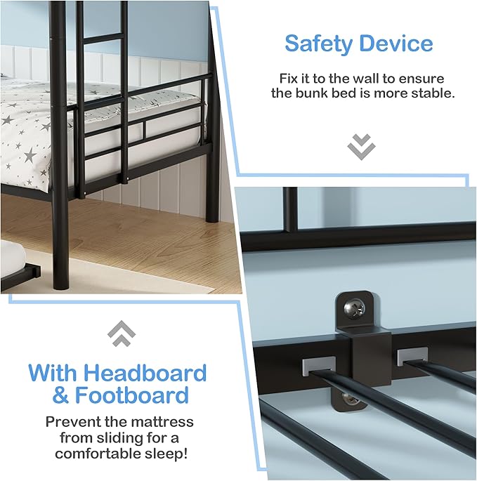 VECELO Bunk Bed Twin Over Twin with Trundle, Metal Bunkbeds with Ladder and Full-Length Guardrail, No Box Spring Needed, Space Saving, Noise Free, Black