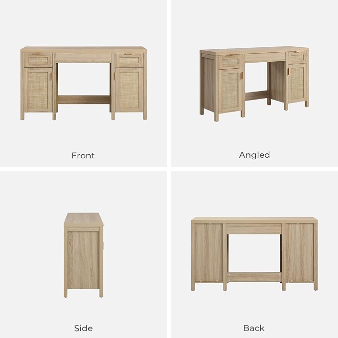 SICOTAS Rattan Vanity Home Office Desk - 52" Large Farmhouse Boho Makeup Vanity Dressing Table with 3 Drawers & 2 Storage Cabinets, Vanities Desk for Makeup Room, Bedroom, Home Office, Light Oak