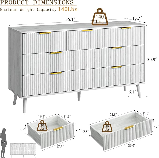 CARPETNAL Fluted 7 Drawer Dresser for Bedroom, 55" Wide Wooden Chest of Drawers with Rounded Corners, Gold Handles, Modern Storage Organizer for Bedroom, Hallway(White)