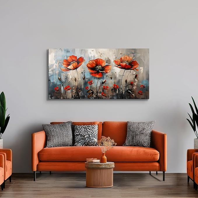 SERIMINO Large Wall Art for Living Room, Nature Floral Botanical Wall Decor, Red Flowers Canvas Prints Pictures, Wildflower Modern Home Decor Bathroom Dining Room Kitchen Paintings 24"X48"