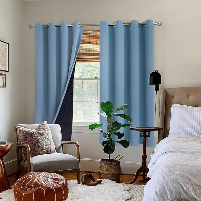 BGment Thermal Insulated 100% Blackout Curtains for Bedroom with Black Liner, Double Layer Full Room Darkening Noise Reducing Grommet Curtain (52 x 63 Inch, Denim Blue, 2 Panels)