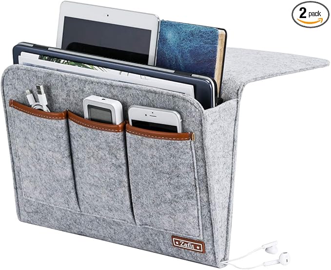 Bedside Caddy, 6 Pockets Large Size Bedside Storage Organizer Bedside Organizer Caddy for Magazine Remotes Phone (13.4'' x 18.1'', Light Grey)