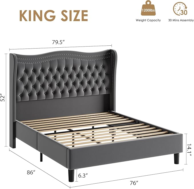 Upholstered King Size Bed Frame with Tall Headboard, Velvet Wingback Platform Bed Frame with Deep Button Tufted, No Box Spring Needed, Noise Free, Grey