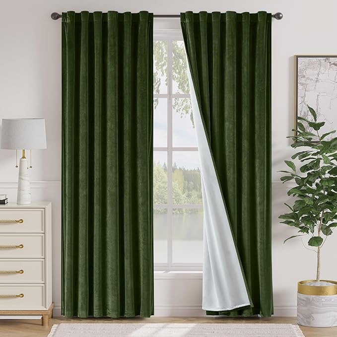 Lazzzy Green Velvet Curtains 84 Inch Long Blackout Thermal Insulated Room Darkening Lined Curtain Drapes Luxury Back Tab Window Treatments for Bedroom Living Room 2 Panels, 52 x 84 Inch, Moss Green