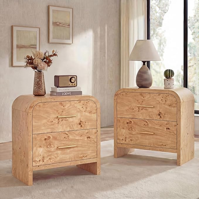 Night Stand Set of 2 [Unique Curved Profile] [FSC-Certified Wooden Board] 2-Drawer Nightstand 24" H Metal Handle Modern Sturdy Bedside Table Side Table End Table