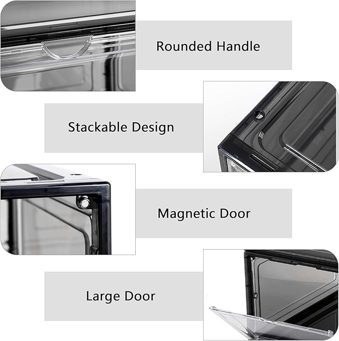 Clear Shoe Box Plastic Stackable Upgraded 6 Pack Shoe Storage Box Organizer with Clear Large Magnetic Door for Display Sneakers Easy Assembly, White