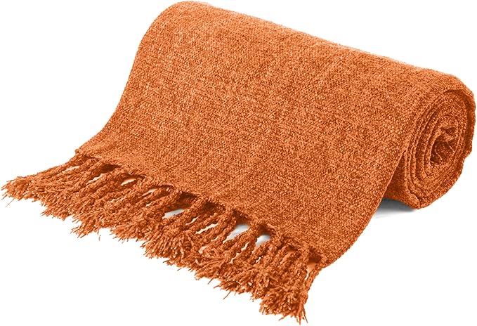 BATTILO HOME Burnt Orange Throw Blanket for Couch, Decorative Fringe Velvety Orange Throw Blanket for Bed, Fall Decor Blankets & Throws, 50"x60"