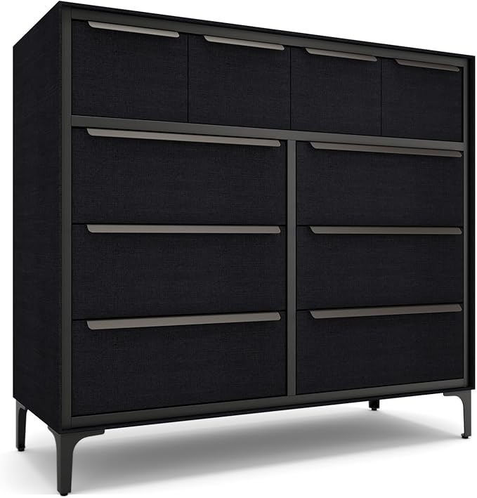 Naima Premium Fabric Dresser - Strong Metal Frame, 10 Spacious Sag-Proof Drawers with Sleek Metal Handles - Premium & Durable Storage Solution for Your Home (Black)