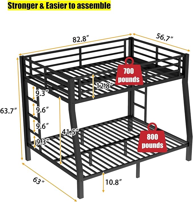 SIGONE Stronger & Safer Heavy Duty Full XL Over Queen Size Bunk Bed for Adults Teens, Thickened More Stable Metal Bunkbed Frame (Greater Weight Capacity) (Full XL Over Queen)