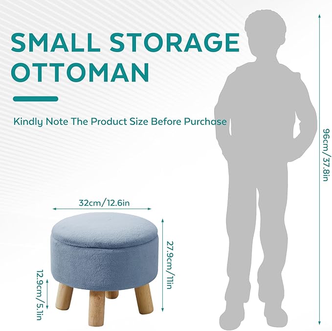 FIMIVIBI Small Foot Stool Ottoman with Storage, Soft Faux Fur Ottoman Foot Rest for Couch, Round Footstool with Storage, Small Ottomans and Footstools for Living Room and Entryway (Light Blue)