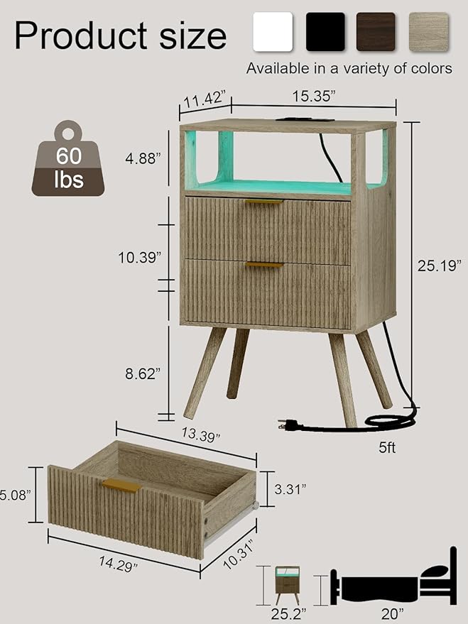 Nightstand with Charging Station and LED Lights, Modern Bedside Table with 2 Storage Drawer and Open Wood Shelf for Bedroom and Small Spaces, Night Stand with Solid Wood Legs