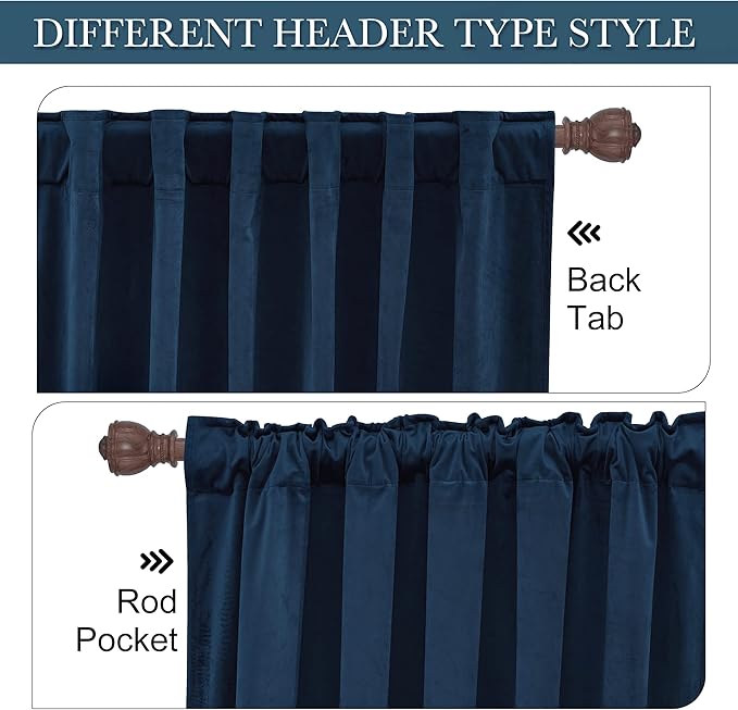 RYB Home Velvet Curtains for Sliding Door - Velevt Luxury Room Divider Back Tab Thermal Insulated Blackout Elegant Decor for Bedroom Living Room, Navy Blue, W62 x L96 inches, 2 Panels