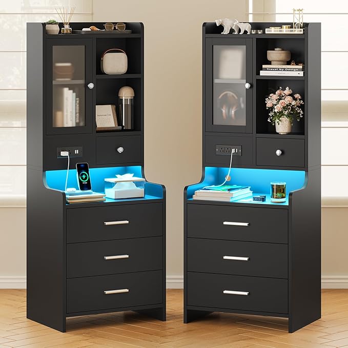 ADORNEVE Black Night Stand Set of 2 with Charging Station,49.2" LED Nightstand for Bedroom,Tall Bedside Table with Bookshelf and Drawers,Side Tables Bedroom,13.8" D x 17.7" W x 49.2" H