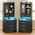 ADORNEVE Black Night Stand Set of 2 with Charging Station,49.2" LED Nightstand for Bedroom,Tall Bedside Table with Bookshelf and Drawers,Side Tables Bedroom,13.8" D x 17.7" W x 49.2" H