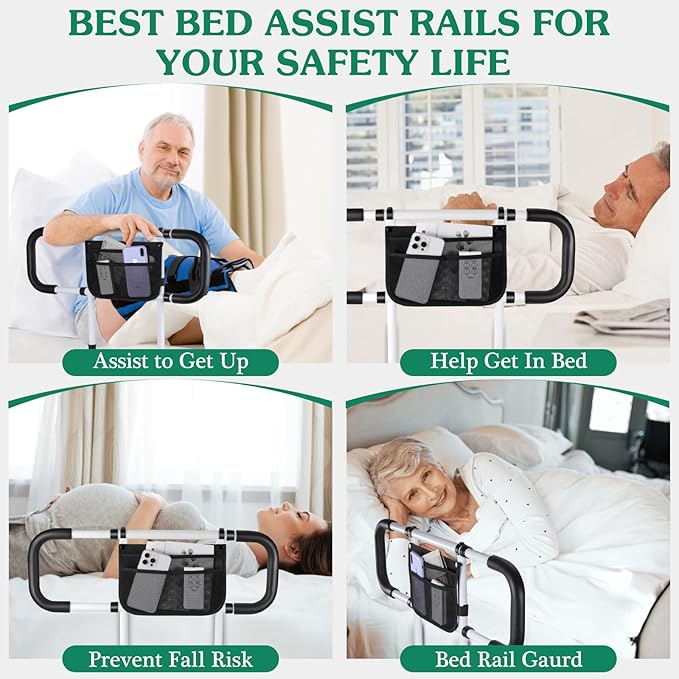 Bed Rails for Elderly Adults Safety - Extended Bed Assist Rail for Seniors - Adjustable Beds Side Rails Handle Support Bar Bed Guard with Storage Bag & Fixing Strap, Fit King Queen Full Twin Beds