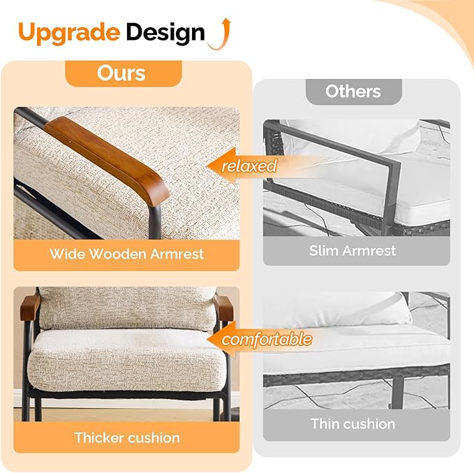 VINGLI Mid-Century Modern Accent Armchiar for Small Space, Small Comfy Upholstered Leisure Reading Chair with Wood Armrest for Bedroom, Living Room, Waiting Room, Linen Beige