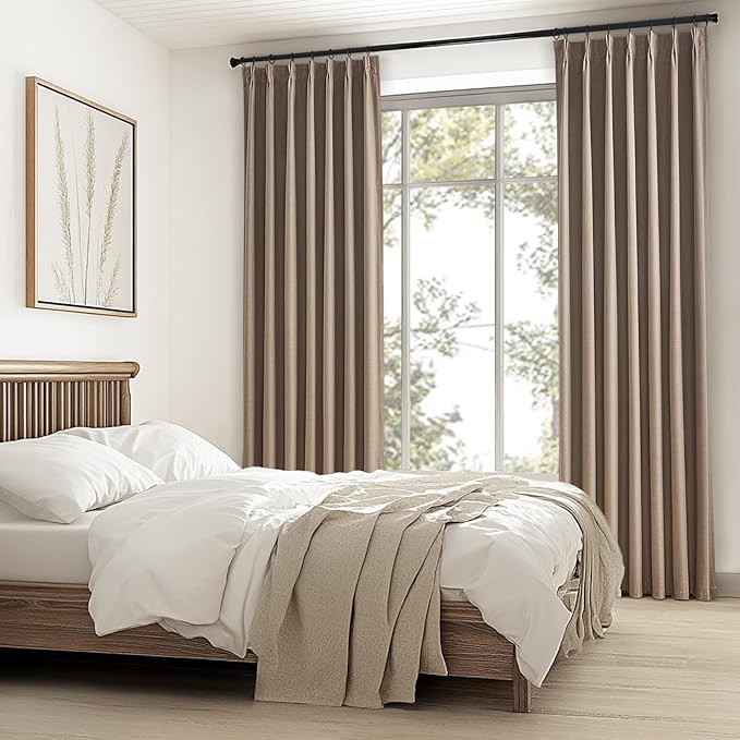 Topfinel 100 Inch Long Black Out Burlap Custom Curtains, Taupe Greige Tweed Pleated Window Coverings, Pinch Pleated Boho Farmhouse Heat Sound Block Back Tab Curtains for Sliding Door Bay Window