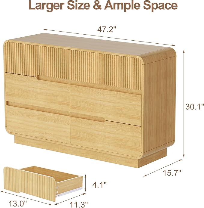 6 Drawer Dresser and 2 Nightstand Sets for Bedroom 3 Pcs Bedroom Set, Modern 47.2" Fluted Dresser with Invisible Handles Nightstand Charging Station, Bedroom Furniture Set for Living Room, Natural