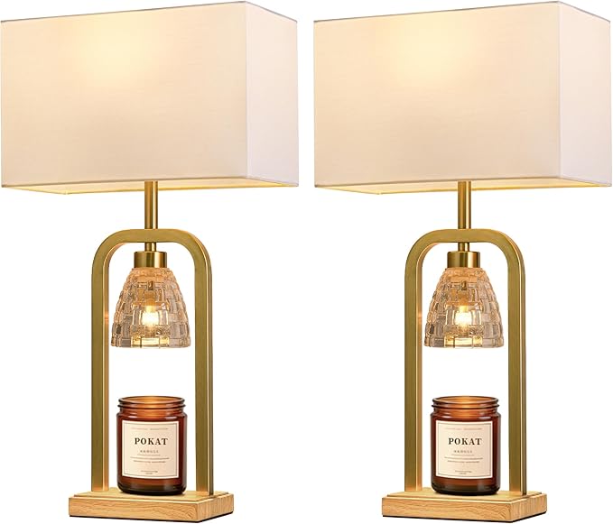 PoKat Gold Table Lamps for Bedroom with Candle Warmer & Timer, Mid Century Modern Bedroom Lamps for Living Room Night Stands, Bedside Lamps for End Table, Dinning, Bathroom, Bulbs Included