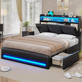 VIAGDO Full Size Bed Frame with Storage Headboard and Charging Station, Leather Upholstered Bed Frame Full Size with 4 Drawers and LED Lights, Type C and USB, No Box Spring Needed, Black