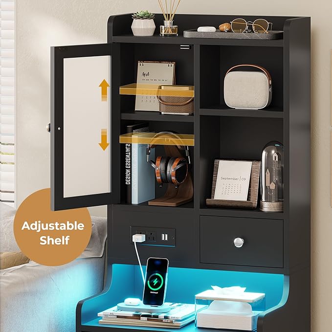 ADORNEVE Black Night Stand Set of 2 with Charging Station,49.2" LED Nightstand for Bedroom,Tall Bedside Table with Bookshelf and Drawers,Side Tables Bedroom,13.8" D x 17.7" W x 49.2" H