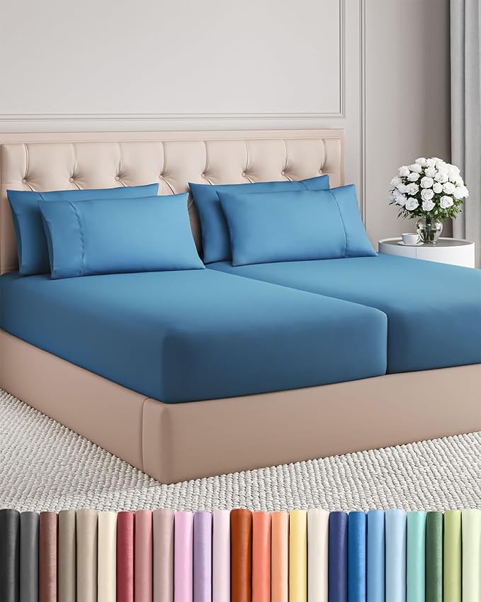 Split King 7 Piece Sheet Set - Cooling & Breathable - Hotel Luxury Bedding, Includes Fitted Sheets for Women, Men, Kids & Teens - 1 Flat, 2 Fitted Sheets, 4 Pillowcases w/Deep Pockets - Denim Blue
