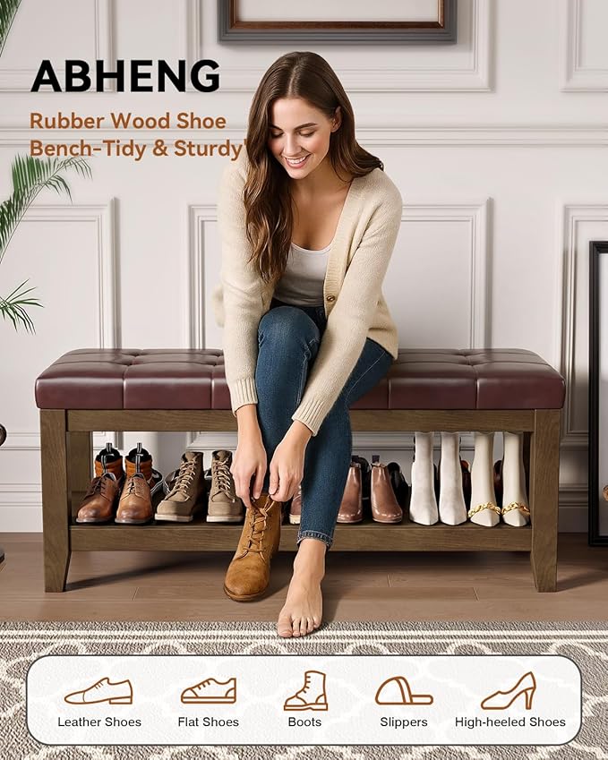 Solid Rubber Wood Shoe Bench, Easy-Clean PU Upholstered Seat, 770LB Load, Space-Saving Storage for Entryway/Living Room, Easy Assembly, Vintage Style, 43.3"x15.7"x17.7", Brown, UASND65R