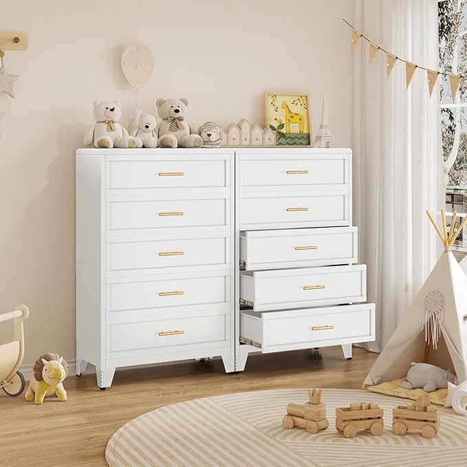 5 Drawer Dresser, Metal Tall Dresser for Bedroom, White Bedroom Dressers with Drawers, Curved Corner Design Dressers & Chest of Drawers, Storage Cabinet for Hallway, Entryway (White)