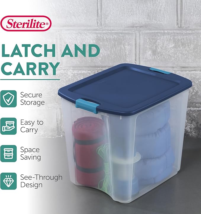 Sterilite 8-Pack Latch and Carry, Clear Plastic Storage Bins with Latching Lids and Full-Grip Handles, 27 Gallon