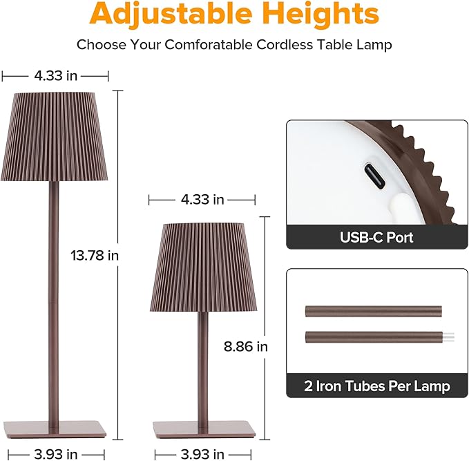 LUTEC 4 Pack Cordless Table Lamp,6000mAh Rechargeable Battery Operated Desk Lamp,Two Adjustable Heights,Waterproof, Touch Control & 3 Color Stepless Dimming for Restaurant/Bedroom/Bars/Outdoor (Brown)