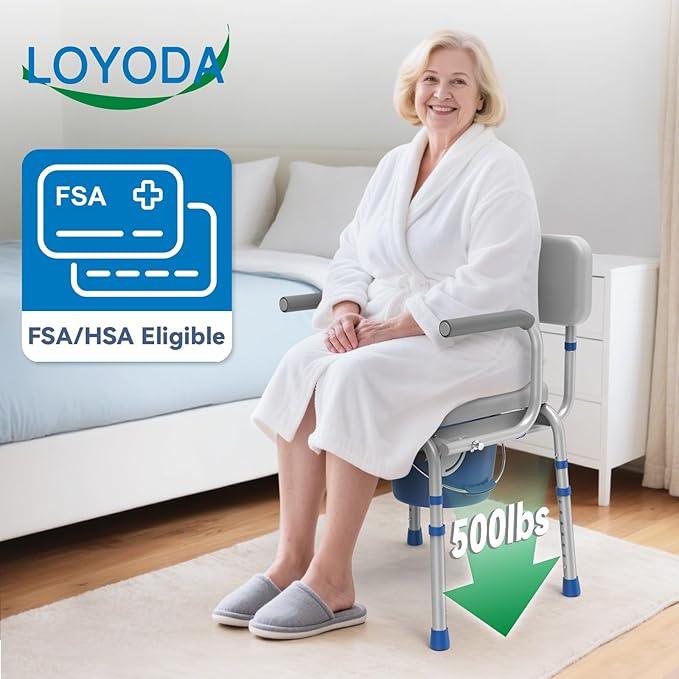 Loyoda Drop Arm Bedside Commode, Commode with Padded Seat and Backrest, 500lbs Capacity, 5.81QT Removable Bucket, Adjustable Height Portable Toilet for Adults, Gray
