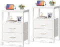 Huuger Nightstands Set of 2, End Tables with Charging Station, Side Tables with Fabric Drawers, Bedside Tables with USB Ports and Outlets, Night Stands, PU Leather, White