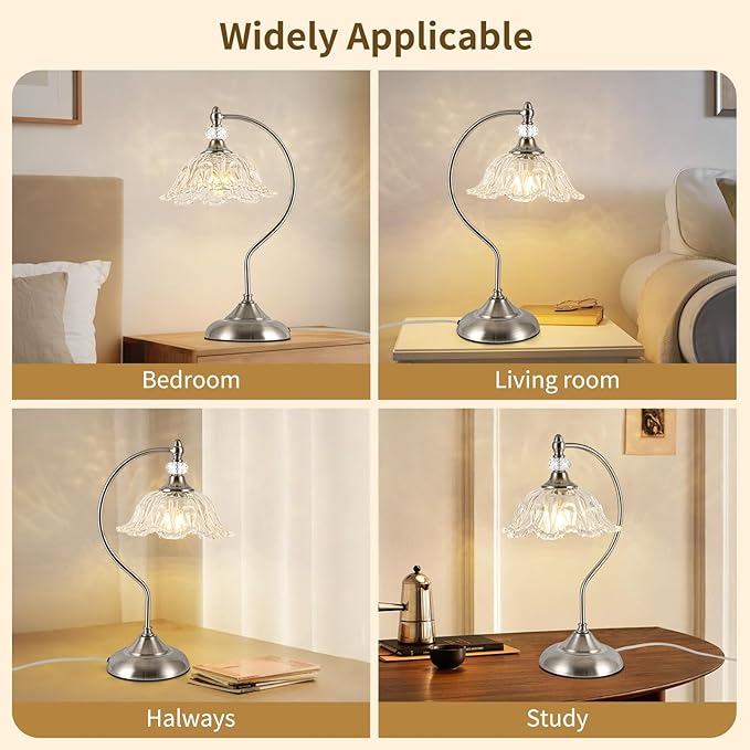 Brushed Nickel Table Lamp with a Floral Clear Glass Shade, A Plug-in Nightstand Lamp in Brushed Nickel Finish for Bedroom, Living Room,Office, and Desk