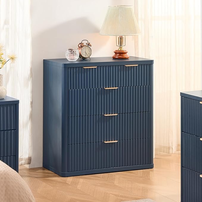 LEYAOYAO Fluted 5 Drawers Dresser for Bedroom Set of 2, 34" Tall Modern Chest of Drawers with Metal Handle, Curved Profile Design,Navy Blue Wood Drawer Organizer for Bedroom, Living Room, Hallway