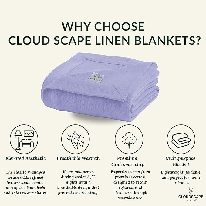 Cloud Scape Linen 100% Cotton Blanket 92x92 Lavender Blue - Cozy Herringbone Weave, Fits Up to for Full Size Beds, Breathable Softness, All-Season Warmth, Winter Blanket, for Women